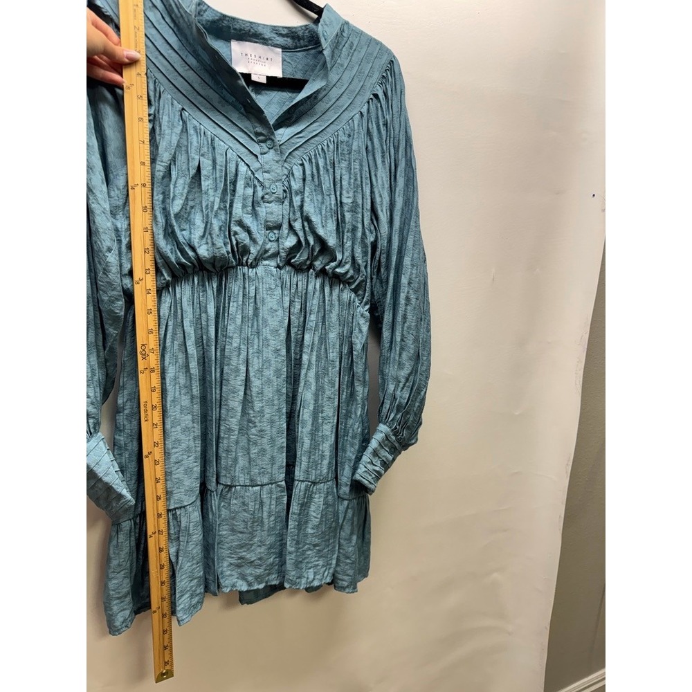 The Shirt Rochelle Behrens Mini Dress Women S Blue Smocked Waist Pintuck Pleated - Picture 3 of 9